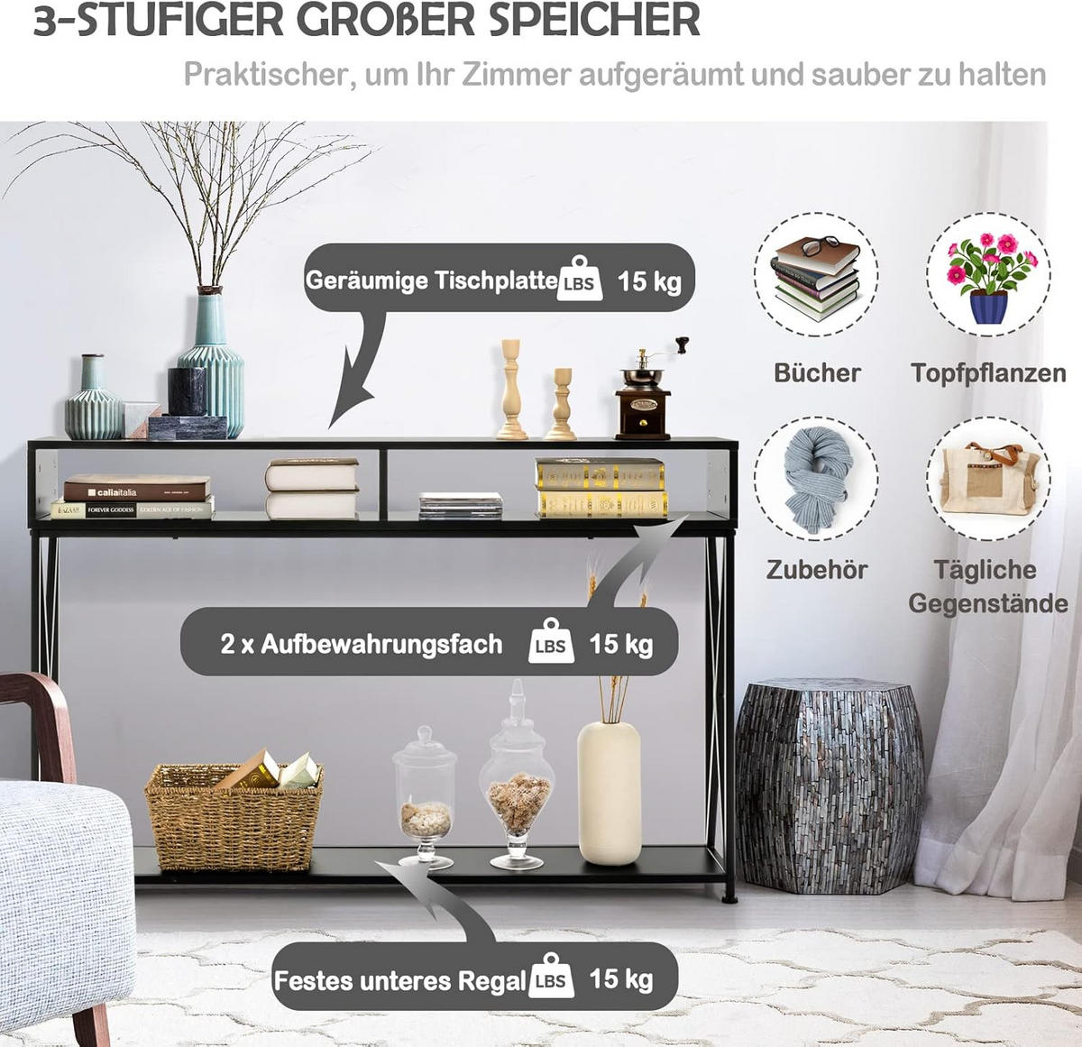 KONSOLENTISCH 79cm Schwarz - Schwarz, Holz (120/23/79cm) - COSTWAY