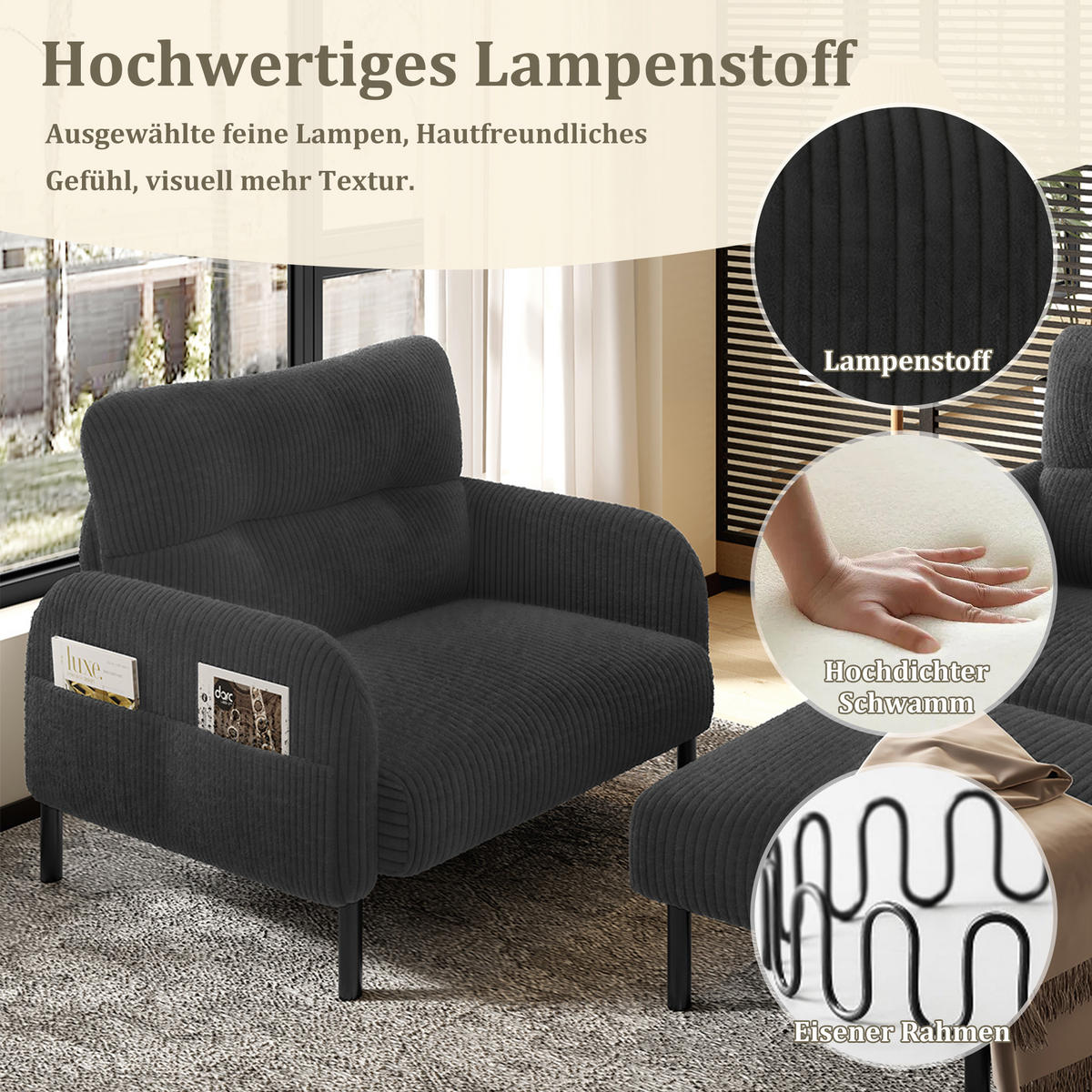 SITZGARNITUR DE-33649 modular mit Seitentasche Grau - Grau, Metall (120/79/75cm) - ComfortXL