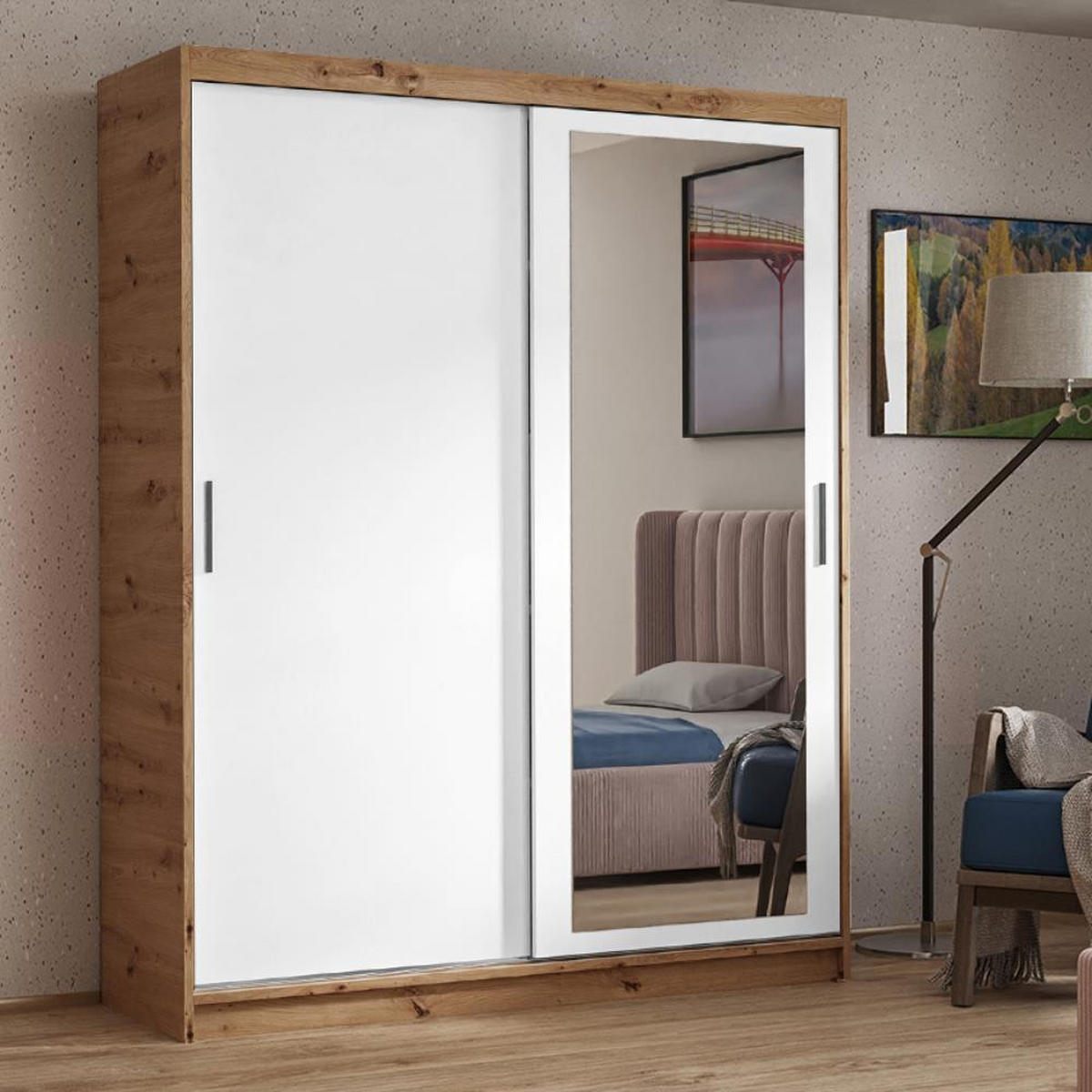 SCHWEBETÜRENSCHRANK Hela 100/205/60 2-türig eiche Artisan/weiß mit Spiegel - Eiche Artisan/Weiß, Holzwerkstoff (100/205/60cm) - Beautysofa