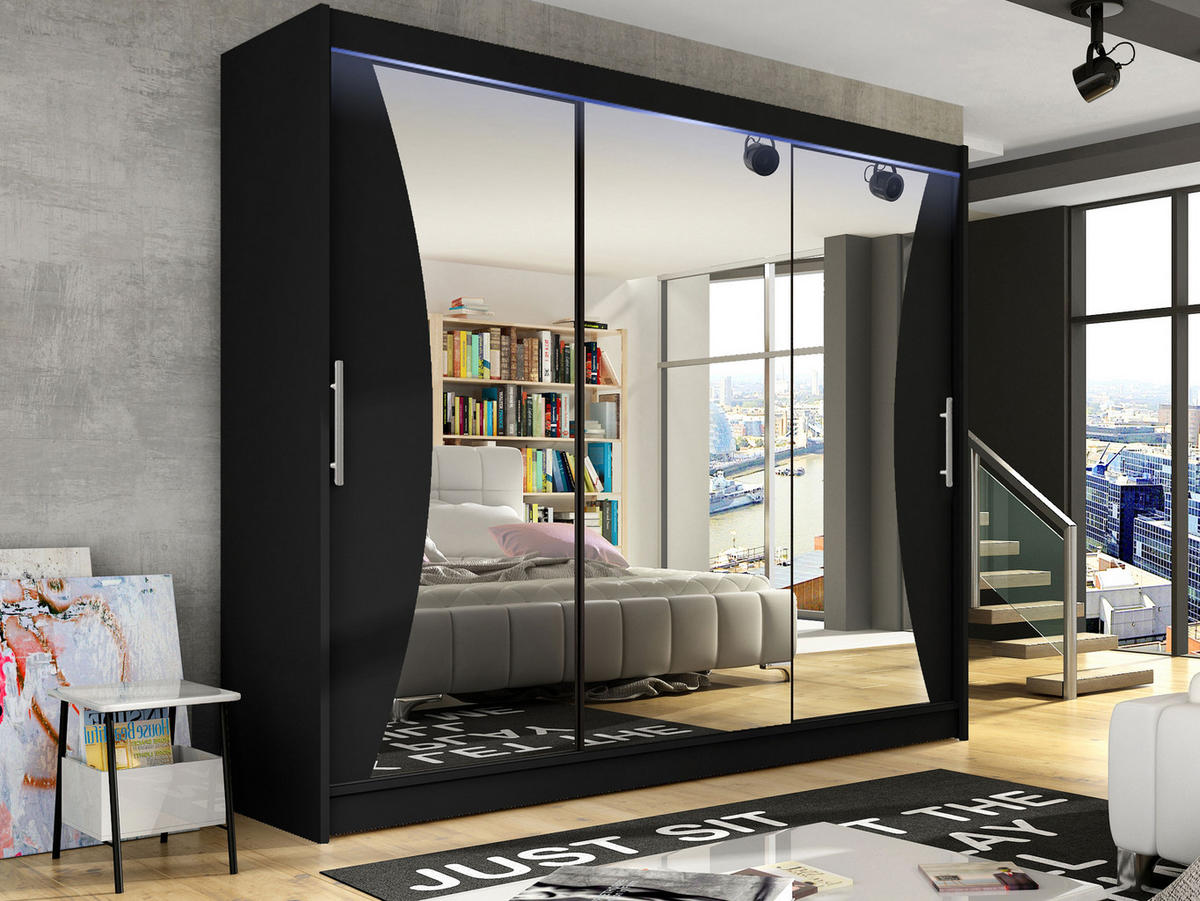 KLEIDERSCHRANK Aston IV, mit RGB LED Beleuchtung - Silberfarben/Schwarz, Holzwerkstoff/Kunststoff (250/215/58cm) - MIRJAN24