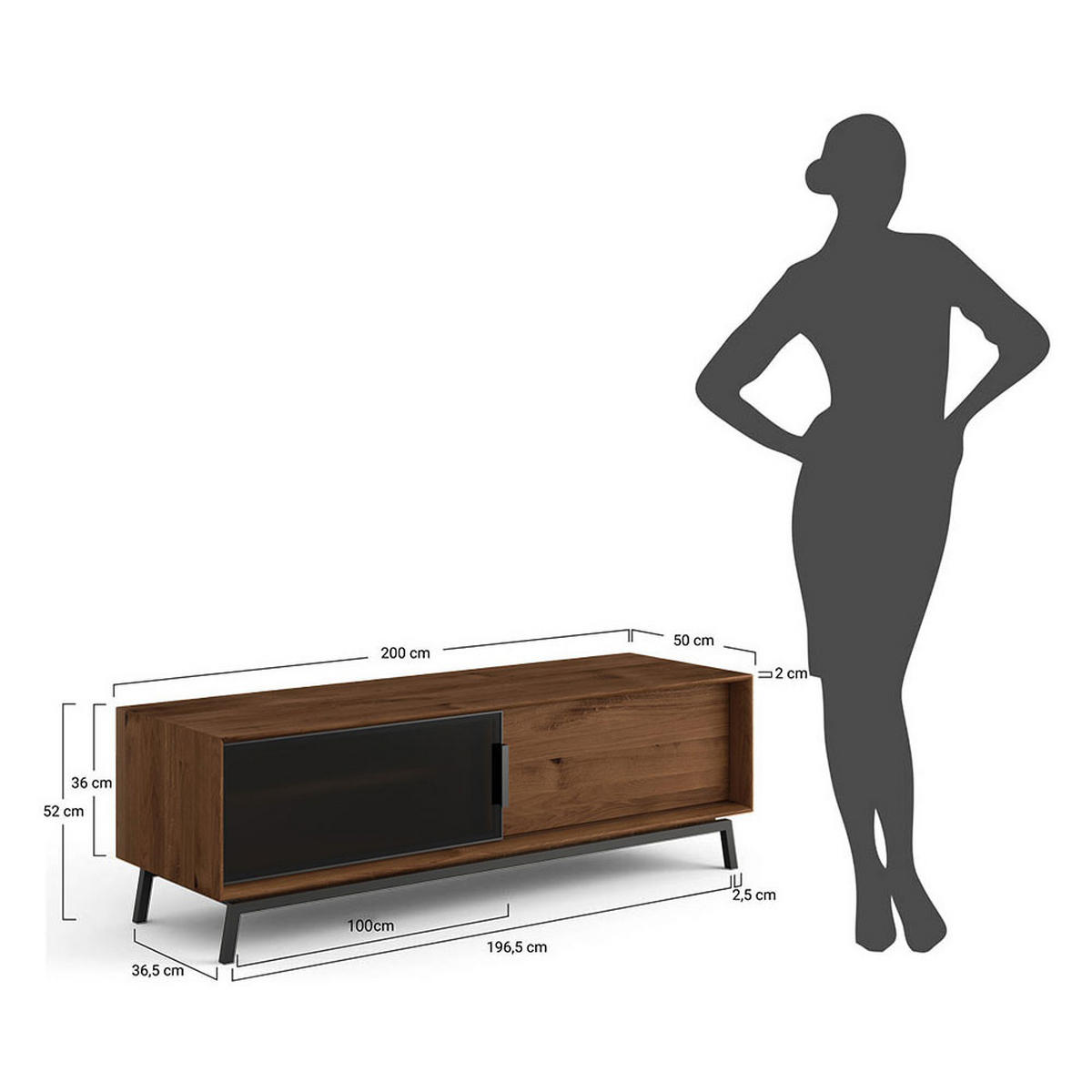 LOWBOARD Modern Loft Eiche Tabak 200 / 50 / 52cm - Dunkelbraun/Schwarz, Holz/Metall (200/52/50cm) - Feldmann-Wohnen