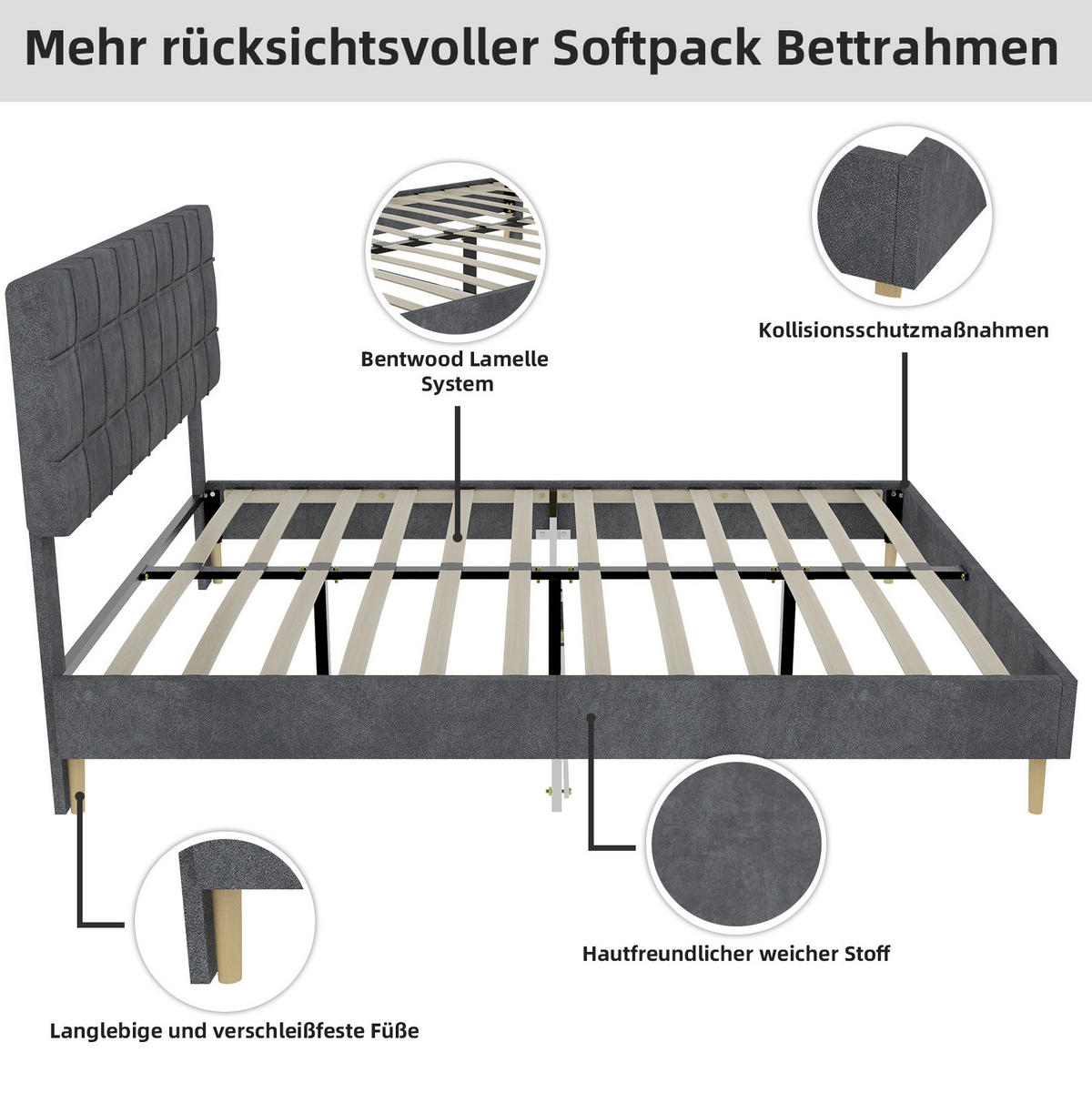 POLSTERBETT 140/200 cm mit karierter Kopfteilpolsterung, Holzbeinen und Samtbezug, Grau - Grau, Textil (140/200cm) - Redom