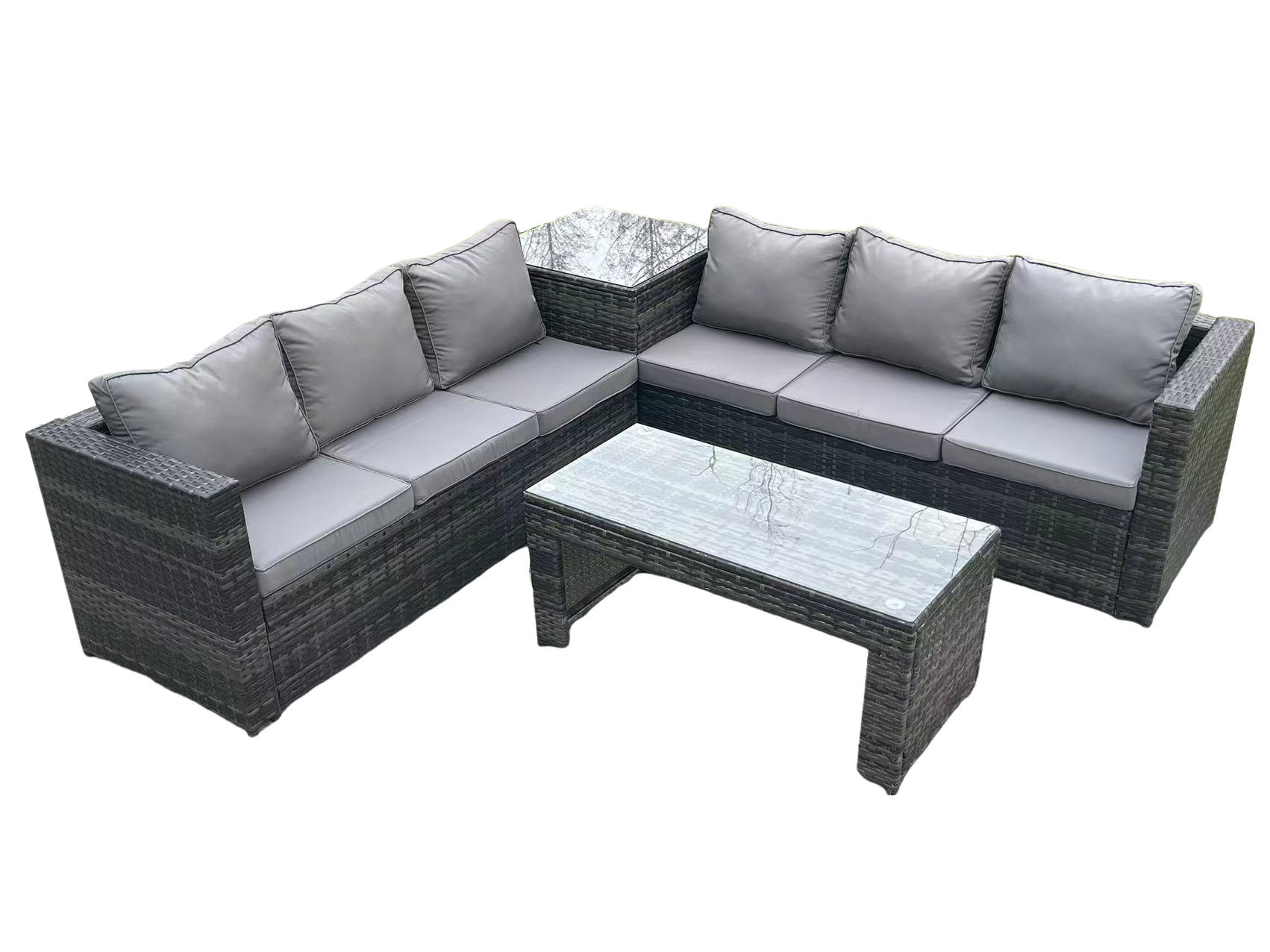 GARTENTISCHGRUPPE Polyrattan 6-Sitzer - Dunkelgrau/Grau, Glas/Kunststoff - Fimous