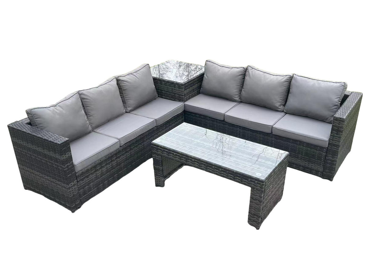 GARTENTISCHGRUPPE Polyrattan 6-Sitzer - Dunkelgrau/Grau, Glas/Kunststoff - Fimous