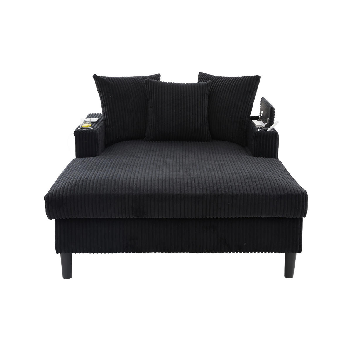 CHAISELONGUE 129/170/70 cm mit LED-Beleuchtung, USB-Anschluss, Becherhaltern und Stauraum, Schwarz - Schwarz, Textil (170/70/129cm) - Redom