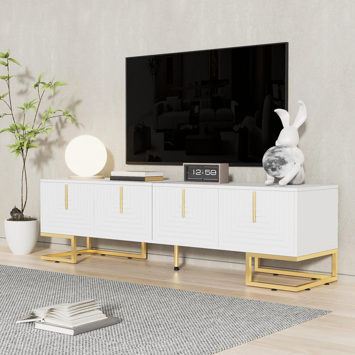 TV-ELEMENT170CM weißLowboard mit strukturierter Tür und goldenen Füßen - Weiß, Holz (52.98/22.99/60.68cm) - Raelunyi