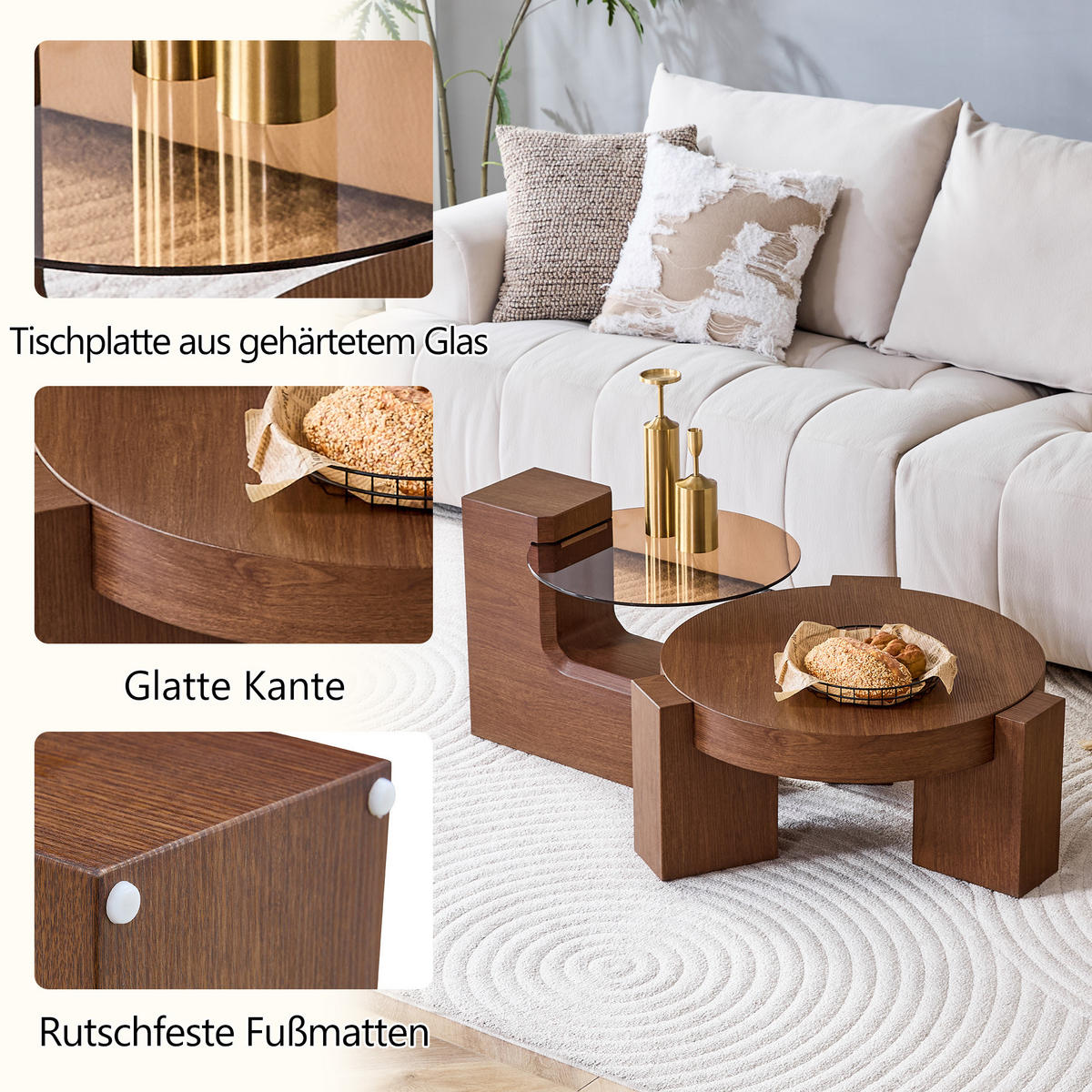 COUCHTISCH in Walnussfarbe 2er-Set Couchtisch-Kombination mit Glasplatte für Wohnzimmer, B44/T62/H44 cm, Ø61/H30 cm - Walnussfarben, Glas/Holzwerkstoff (61/61/30cm) - STILVORA