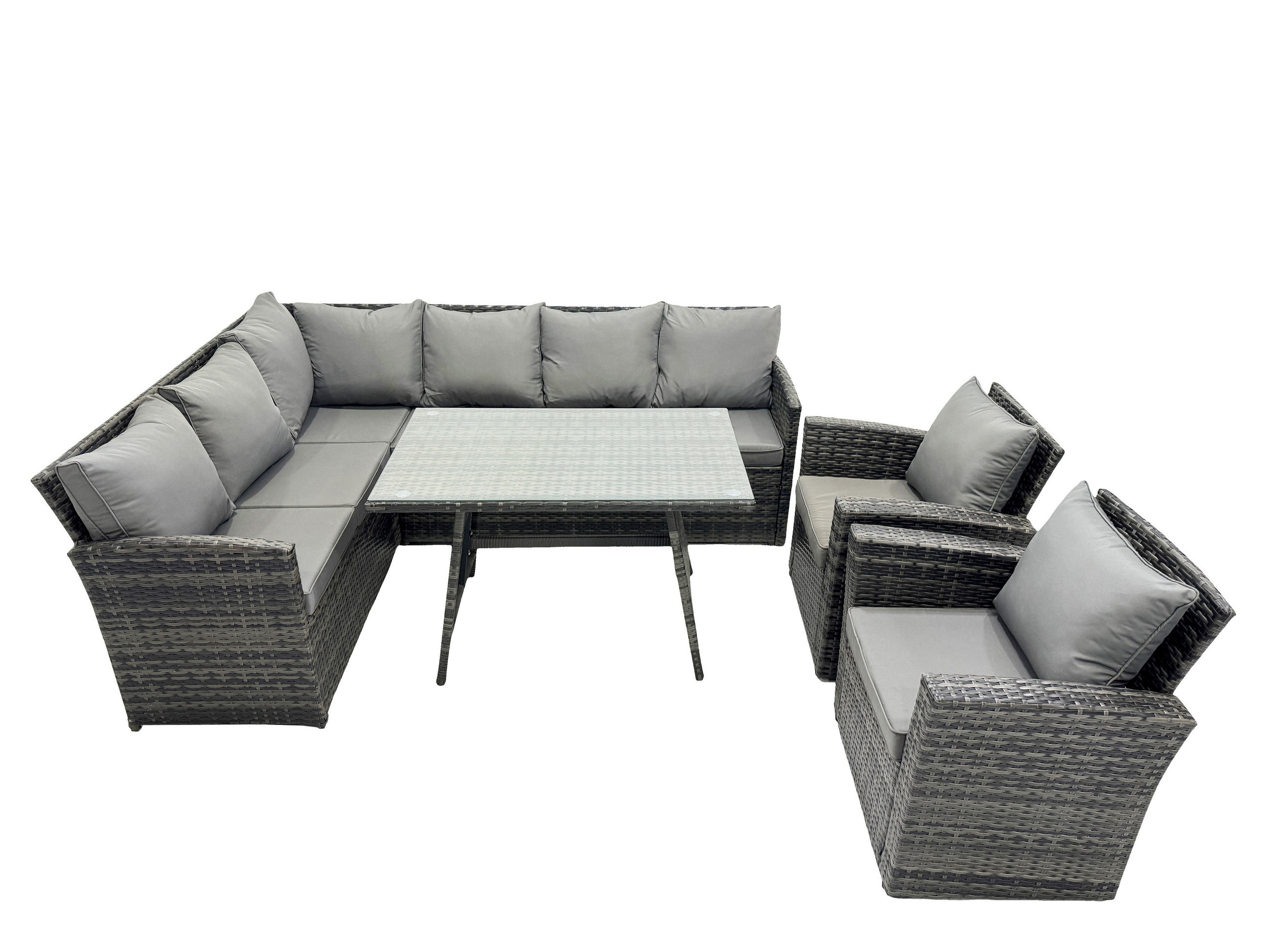 SITZGRUPPE mit Ecksofa,2 Stuhl Polyrattan Dunkelgrau 8-Sitzer - Dunkelgrau/Grau, Glas/Kunststoff - Fimous