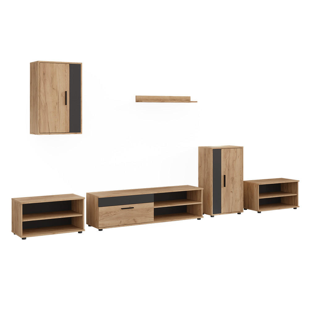 UNITATE DE PERETE Berno, Stejar auriu/antracit, set, 6 piese - stejar miere/antracit, compozit lemnos (140/38.7/35.2cm) - Vicco