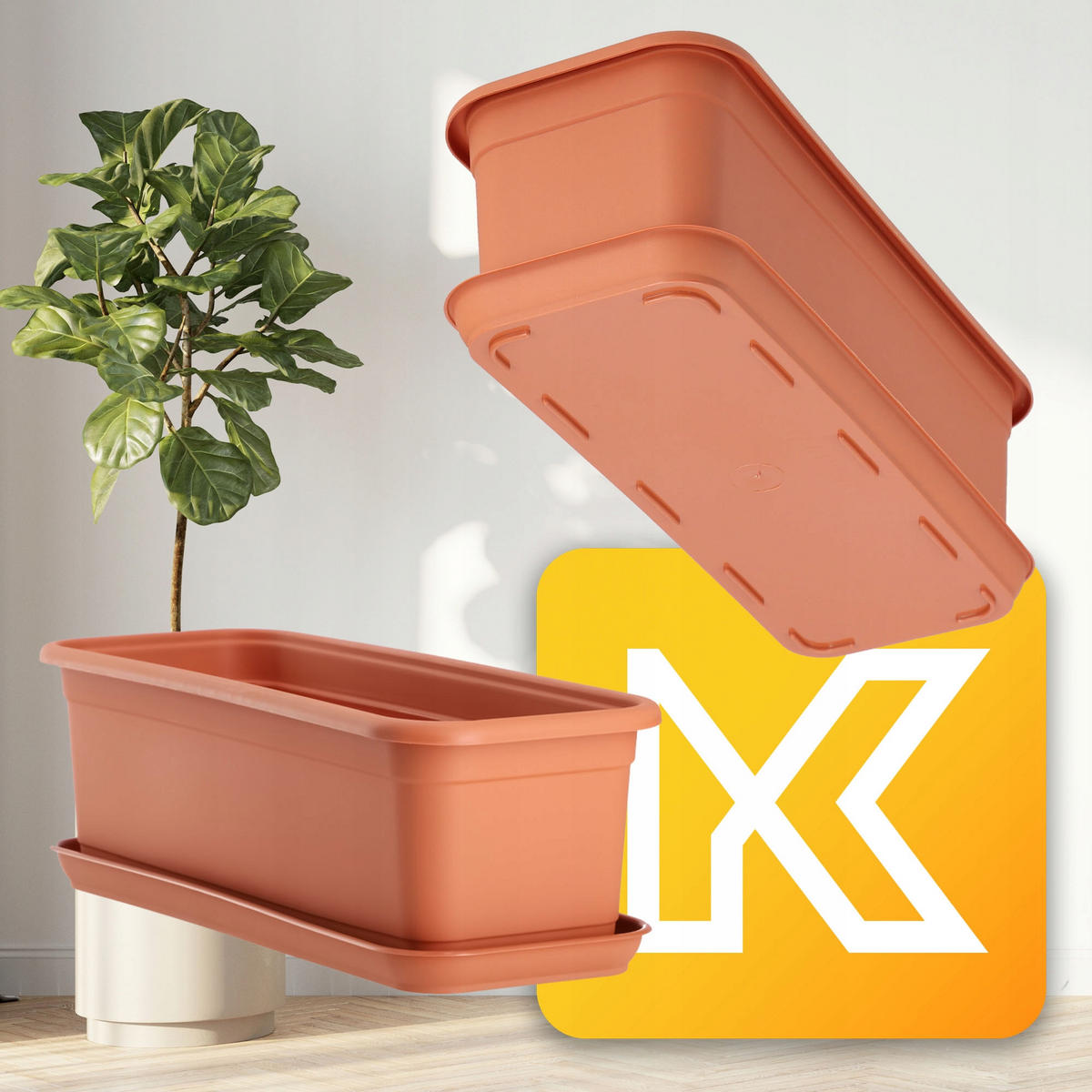 BALKONKASTEN mit Untersetzer 40 cm, Terrakotta - Terra cotta, Kunststoff (15/40cm) - KADAX