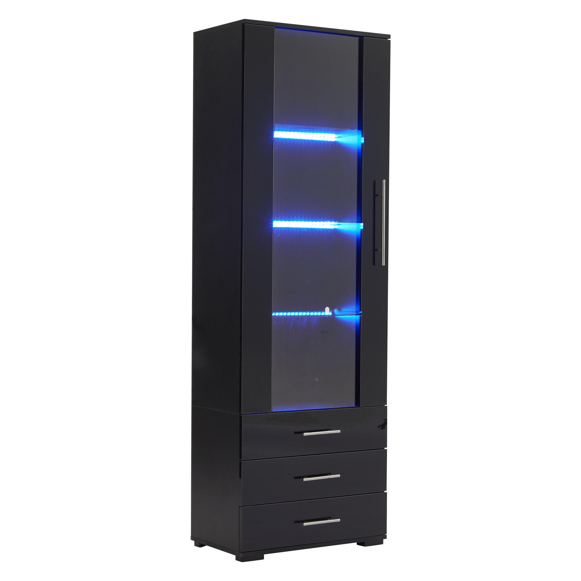 STILVORA VITRÍNA v černé barvě se stojací konstrukcí, LED osvětlením a 3 zásuvkami do obýváku, Š60/H35/V180 cm