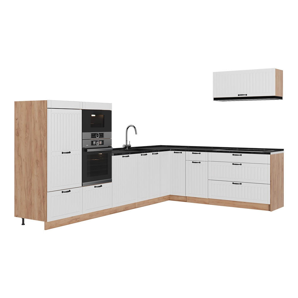 ECKKÜCHE Fame-Line, Weiß Landhaus/Goldkraft Eiche, 327 x 227 cm ohne Arbeitsplatte - Honigeiche/Weiß, Holzwerkstoff (327/153.6/51.6cm) - Vicco