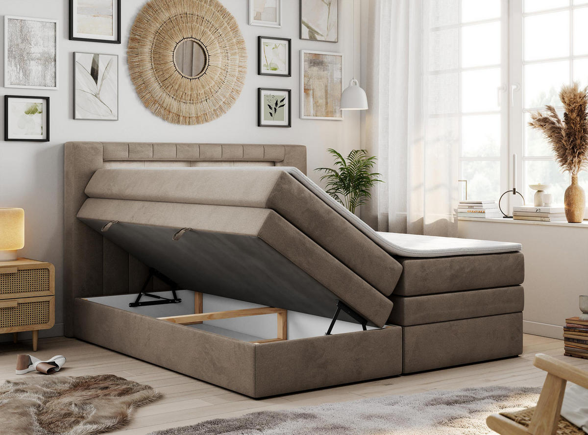 BOXSPRINGBETT GOLD-5 KING LED 160/200 Braun Velvet - H3 - Braun, Holz/Textil (160/200cm) - MKS
