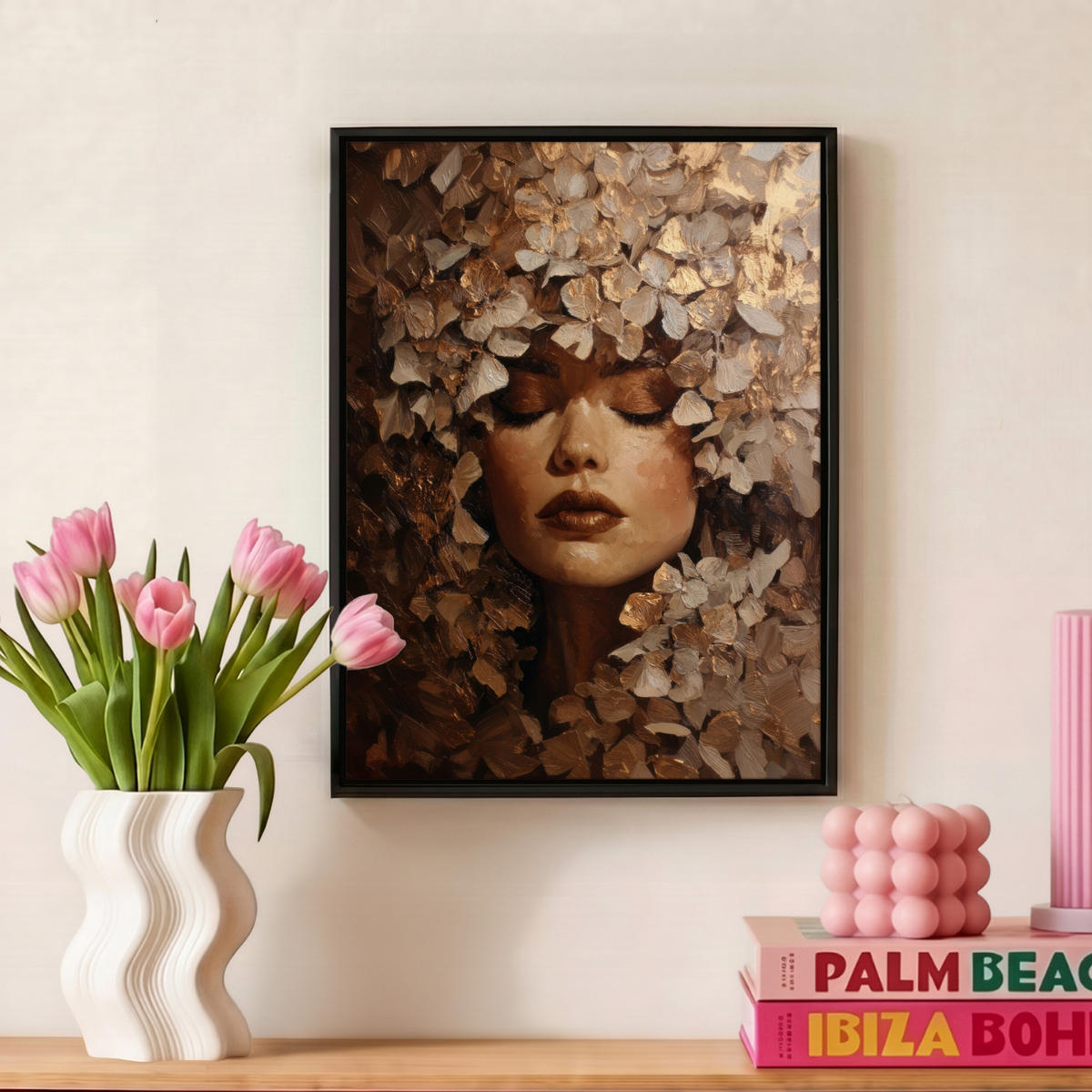 LEINWAND Bilder mit Rahmen - Gesicht - Dame - Blätter - Pinselstriche - 30x40 - Goldfarben, Textil (30/40cm) - MuchoWow
