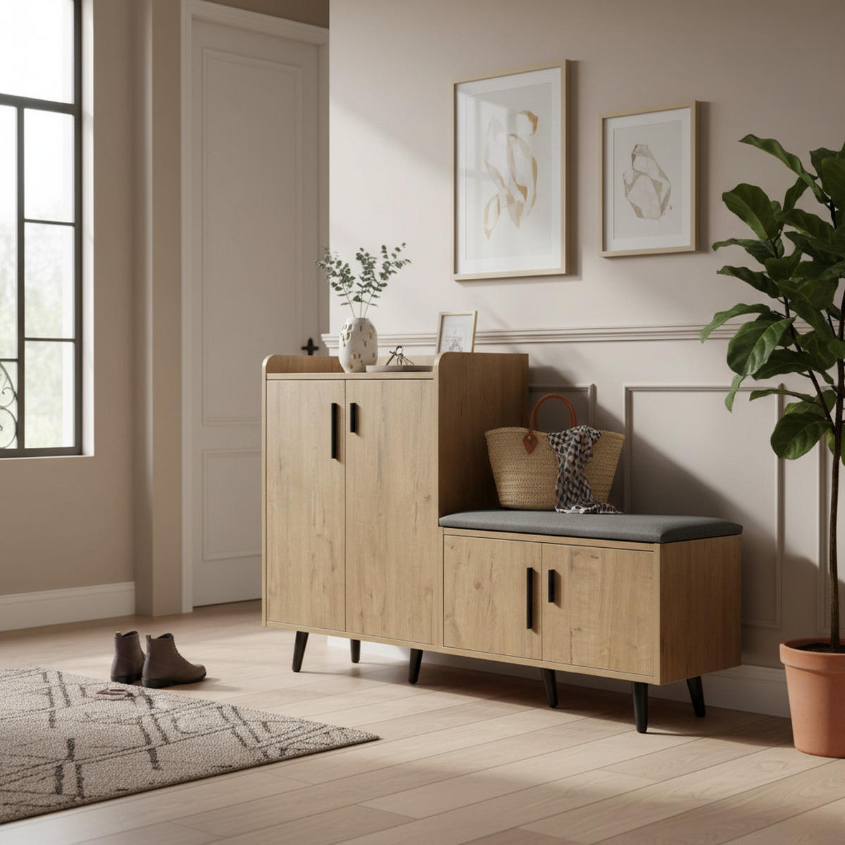 SCHUHBANK natur-optik, 4 türen & gepolsterte sitzfläche - Naturfarben, Holzwerkstoff (120/82.8/34cm) - Urban Meuble