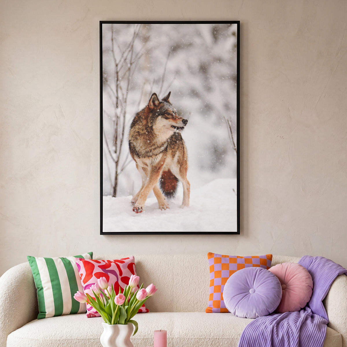 LEINWAND Bilder mit Rahmen - Wolf - Winter - Schnee - Natur - Tiere - 100x150 - Haselnussfarben, Textil (100/150cm) - MuchoWow