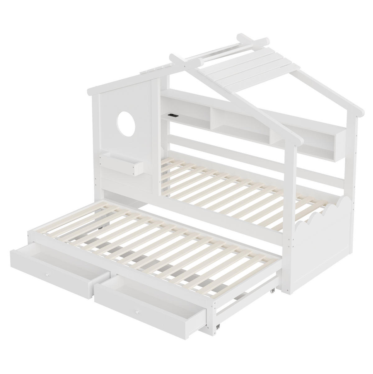KINDERBETT 90/200 cm mit Ausziehbett 90/190, LED, USB- und USB-C-Anschluss, Schubladen, Weiß - Weiß, Holzwerkstoff (90/200cm) - Redom