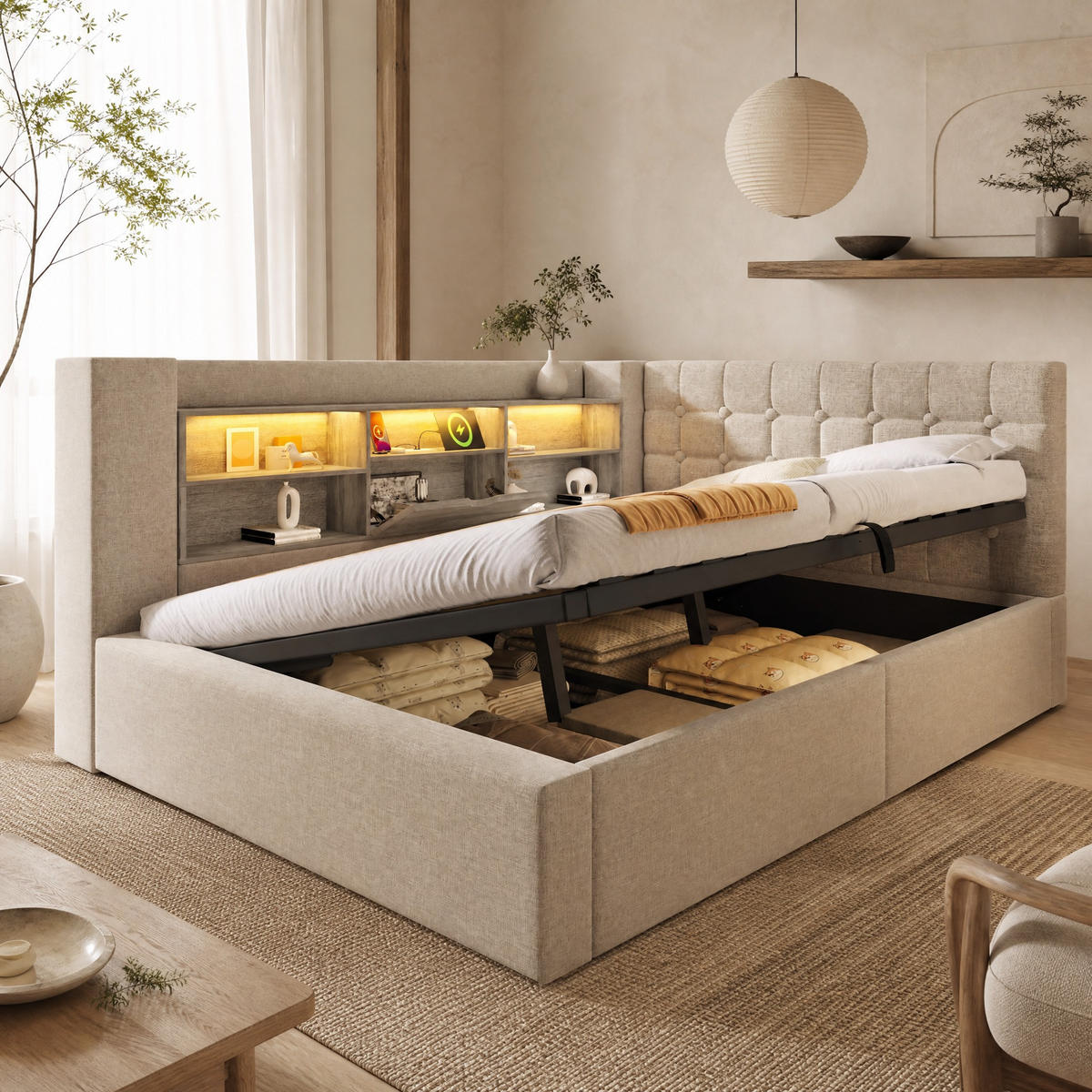 POLSTERBETT 140/200 mit LED, Bettkasten und L-förmigem Kopfteil in Beige - Beige, Holzwerkstoff/Textil (140/200cm) - EVRYAE