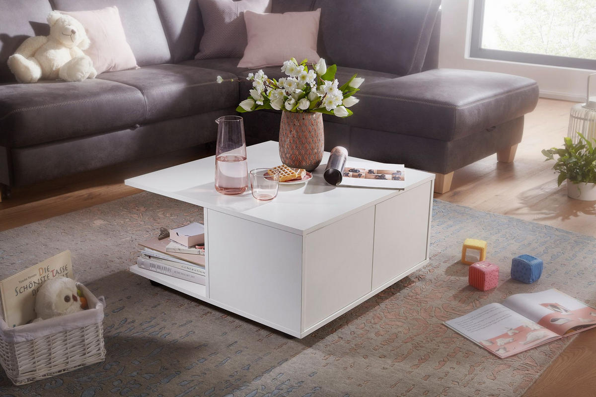 COUCHTISCH mit Rollen, Melaminharzbeschichtung und 2 Schubladen, Weiß 70x70x36 cm - Schwarz/Weiß, Holz (70/70/36cm) - KADIMA DESIGN