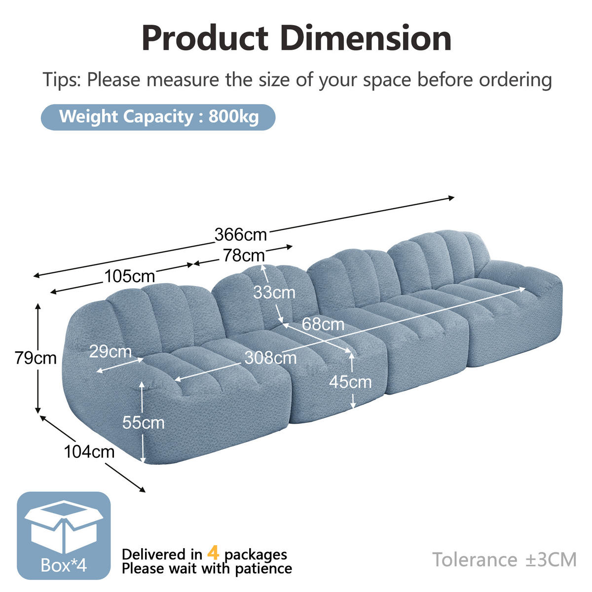 4-SITZER Sofa 366x104x79 cm aus granuliertem Fleece rahmenlos modular, blau - Blau, Textil (104/79/366cm) - Luhomfu