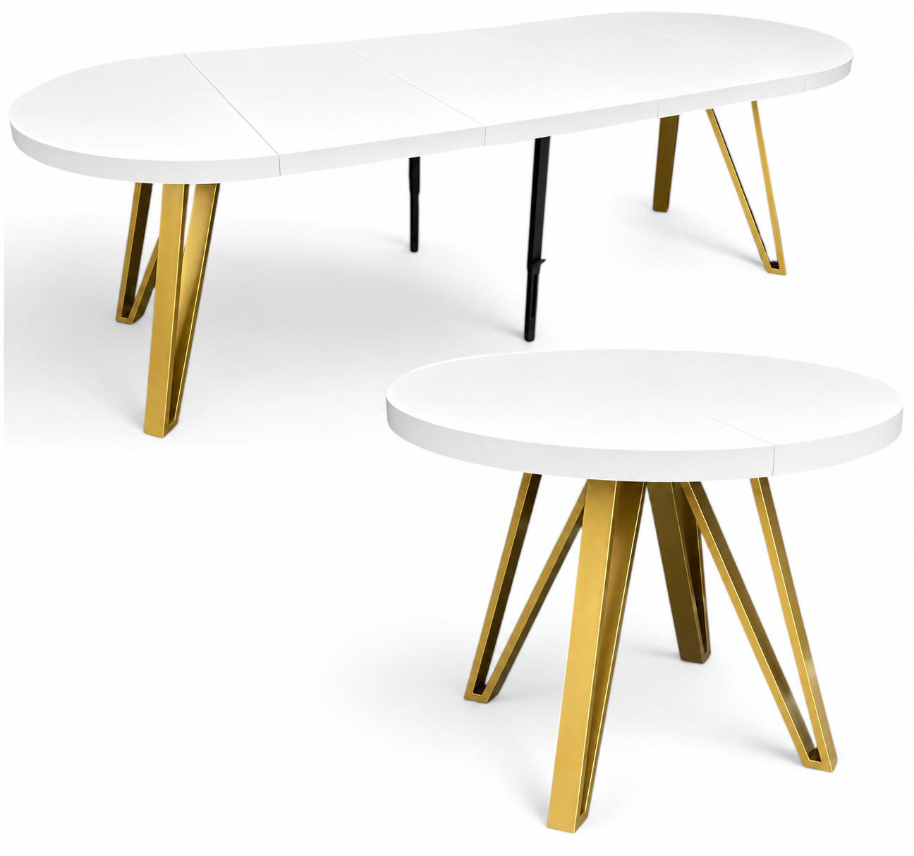 ESSTISCH rund ausziehbar 100/300/76 cm, Weiß, 54 cm Tischplatte + Industrial Metallgestell Gold - Goldfarben/Weiß, Holzwerkstoff/Metall (100/300/76cm) - Damale Möbel