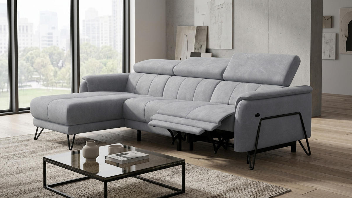 ECKSOFA RODEN 4-Sitzer mit Relax, hellgrau, Veloursstoff - Hellgrau, Holz/Textil (268/92cm) - Wozimo