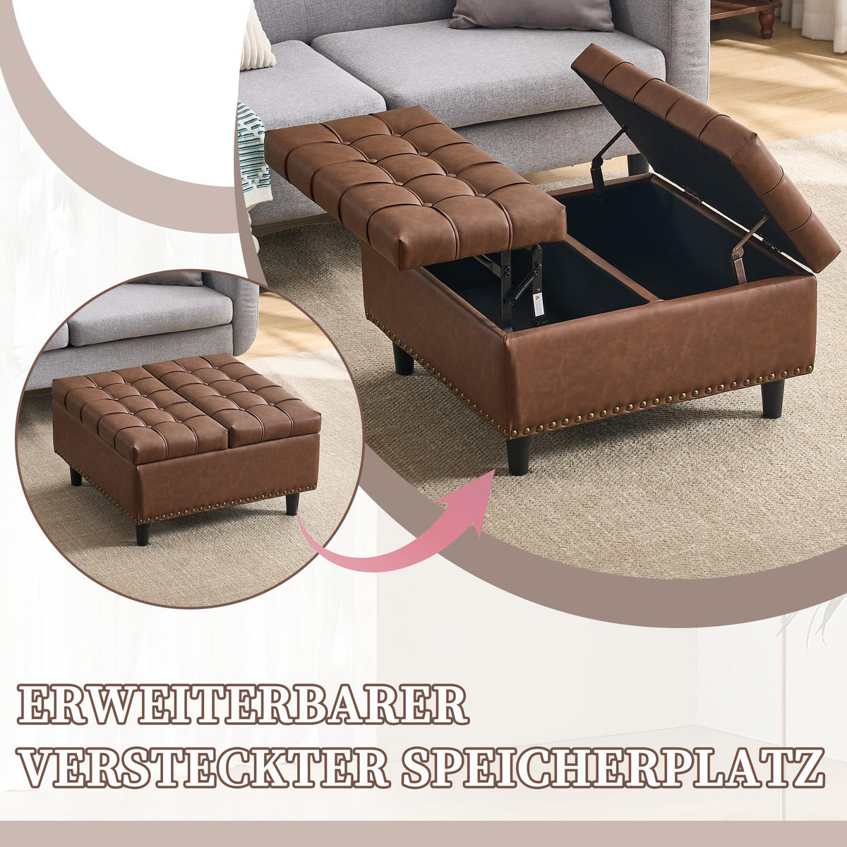 HOCKER Couchtisch,Aufbewahrungsstuhl,höhenverstellbar,PU-Leder,Braun - Braun, Metall (75/41/75cm) - LVHOM