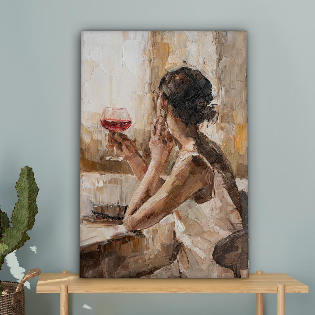 LEINWANDBILD Ölgemälde - Frau - Wein 40x60 cm - Hellbraun, Textil (40/60cm) - MuchoWow