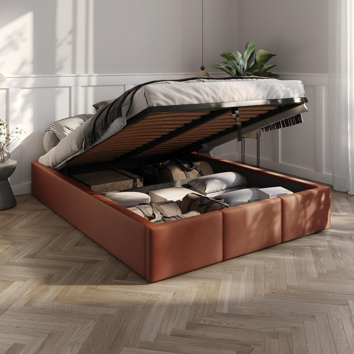 POLSTERBETT für Schlafzimmer Bett mit Stauraum Honigfarbe 140x200cm - Orange/Braun, Holzwerkstoff/Textil (160/200cm) - Muralo