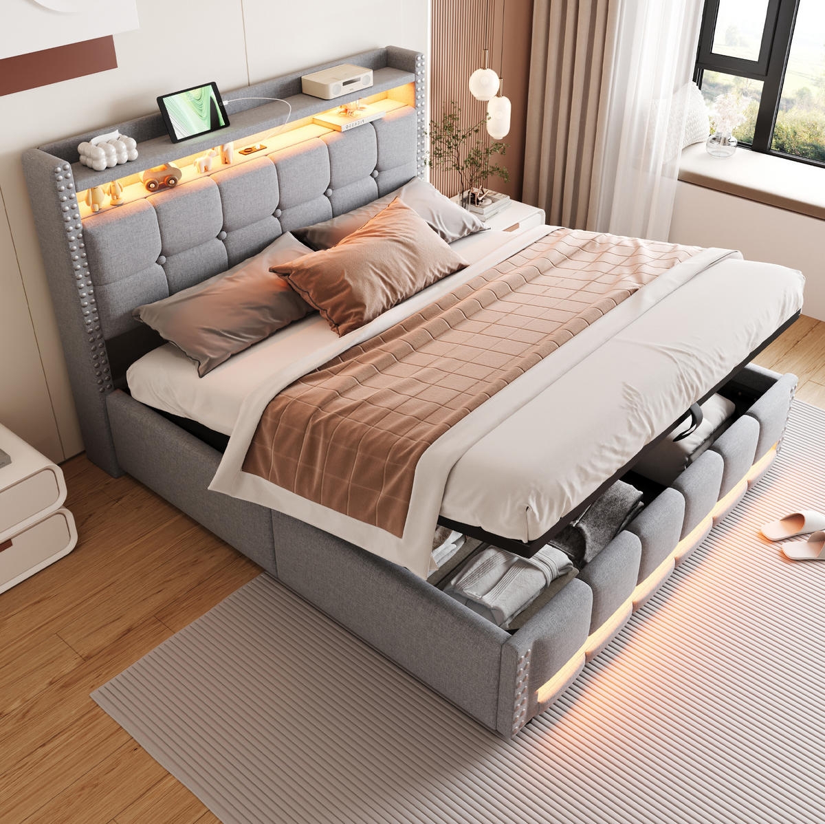 ČALÚNENÁ posteľ z leinenstoffu 160x200 cm svetlosivá s LED osvetlením, USB portom a úložným priestorom - svetlosivá, textil (160/200cm) - Modfu