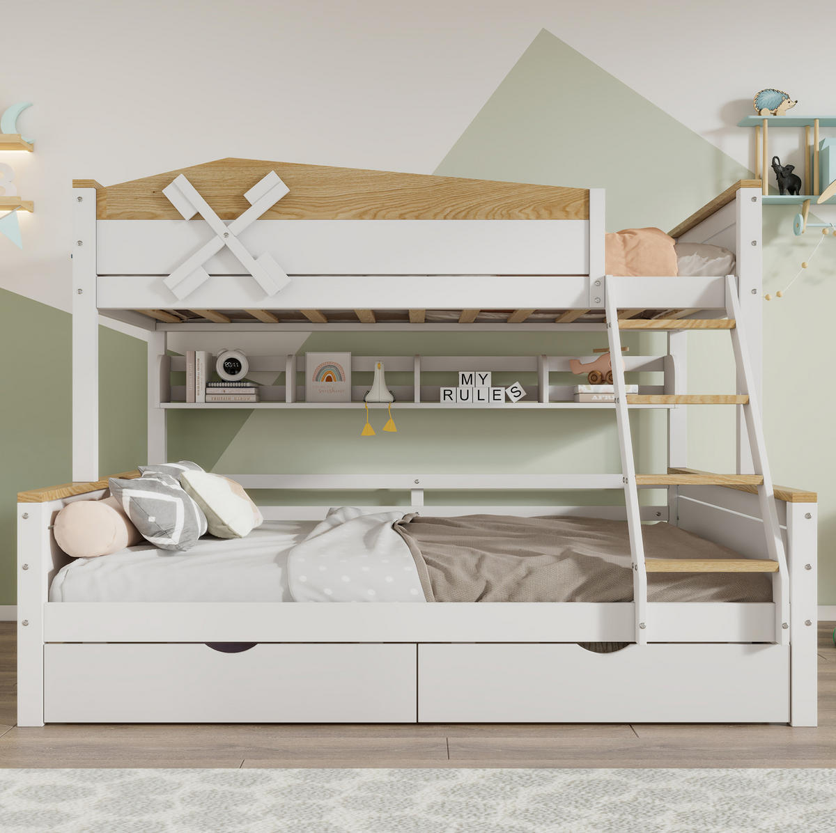 ETAGENBETT 90/200 cm mit Windmühle Weiß+Natur aus Kiefer und MDF mit Regalen und Schubladen - Weiß, Holzwerkstoff (90/200cm) - OKWISH
