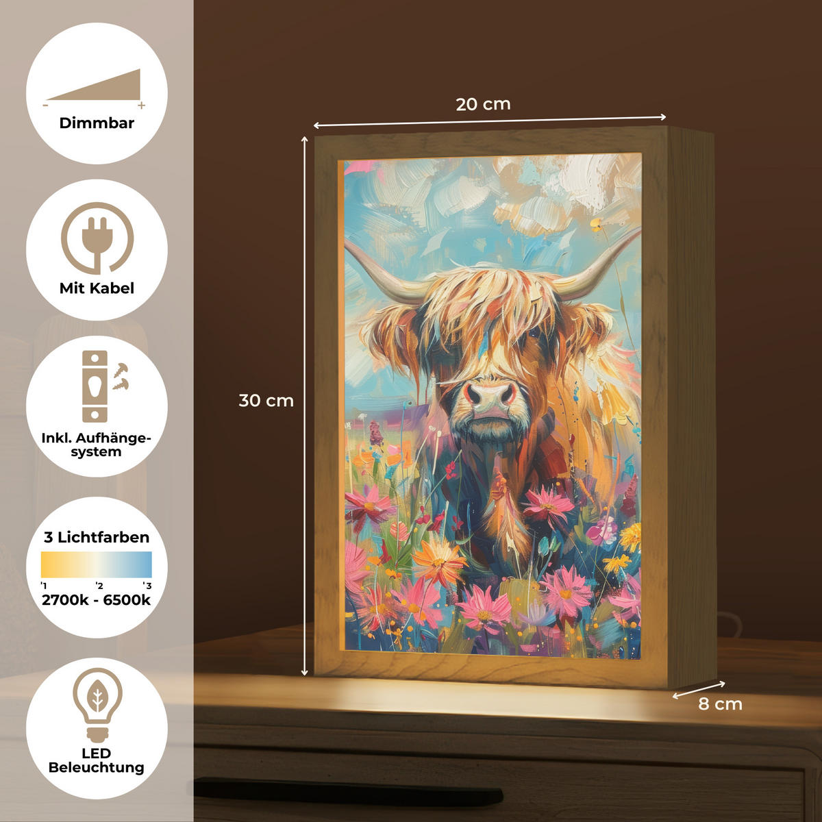NÁSTĚNNÁ LAMPA Skotský horal - Příroda - Barevné - Květiny 20x30 cm - různobarevná, kompozitní dřevo (20/30/8cm) - OnlyWow