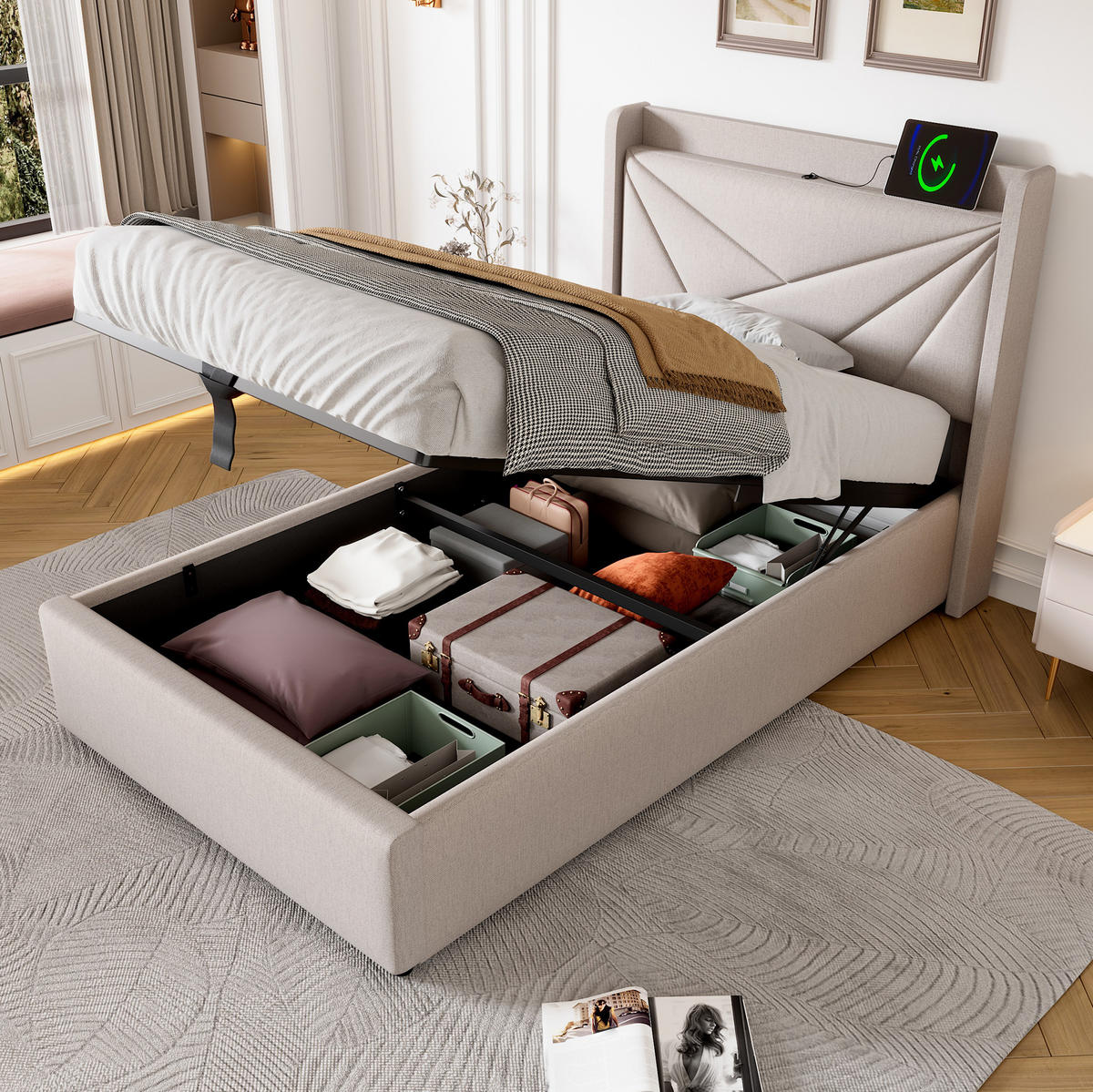 POLSTERBETT 90/200 cm aus Baumwoll-Leinen-Mix mit USB-C-Ladefunktion und Bettkasten Beige - Beige, Textil (90/200cm) - Modenvie