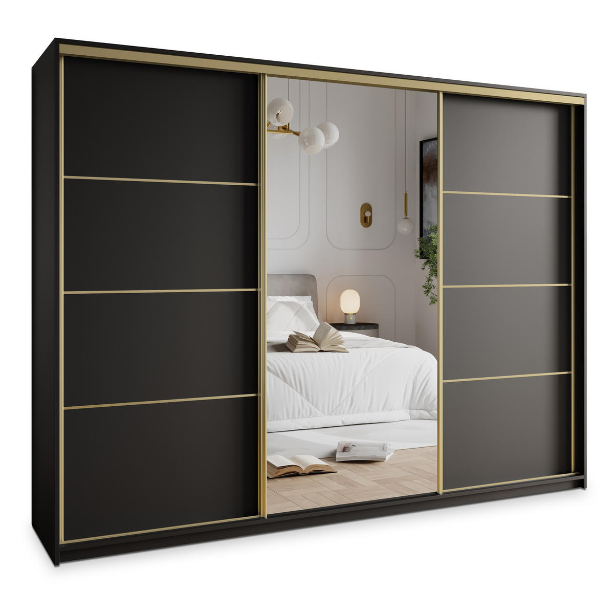 SCHWEBETÜRENSCHRANK VARO 250/205/60 cm 3-türig mit Spiegel und Schubladen Schwarz - Goldfarben/Schwarz, Holzwerkstoff (250/205/60cm) - MASSENO