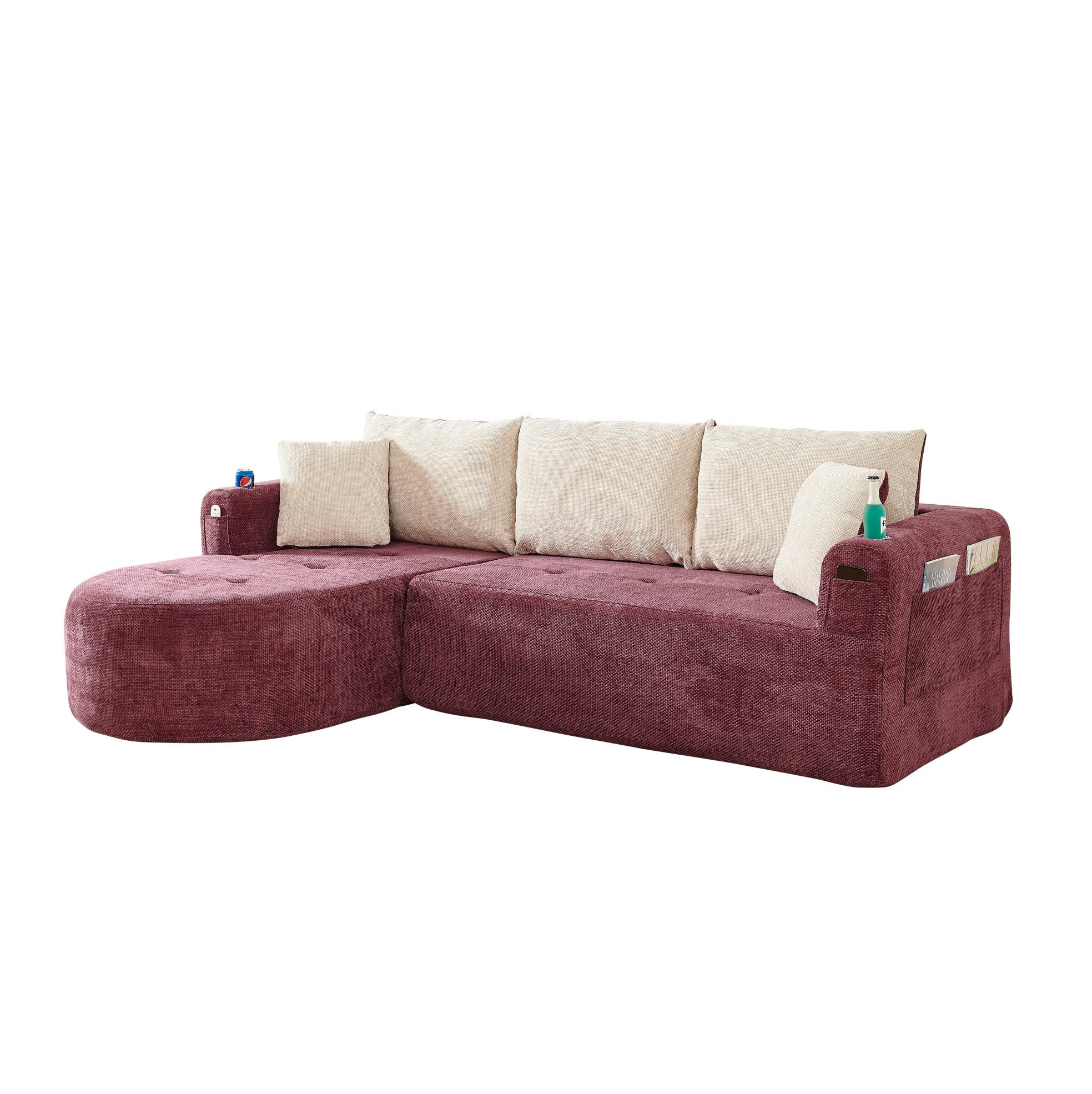 ECKSOFA in L-Form mit Edelstahl-Becherhalter, Seitentaschen und montagefreiem Design, Bordeauxrot - Bordeaux, Textil (255/170cm) - Redom