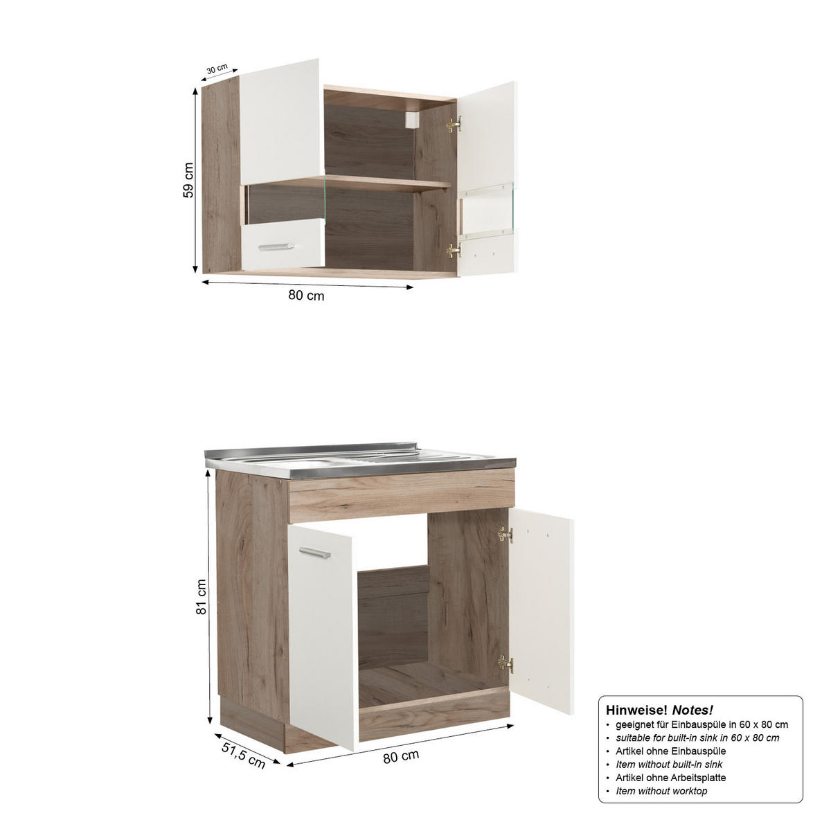 KÜCHENLEERBLOCK 80 cm in Weiß - Silberfarben/Weiß, Holz (80/206/51cm) - Homestyle4u