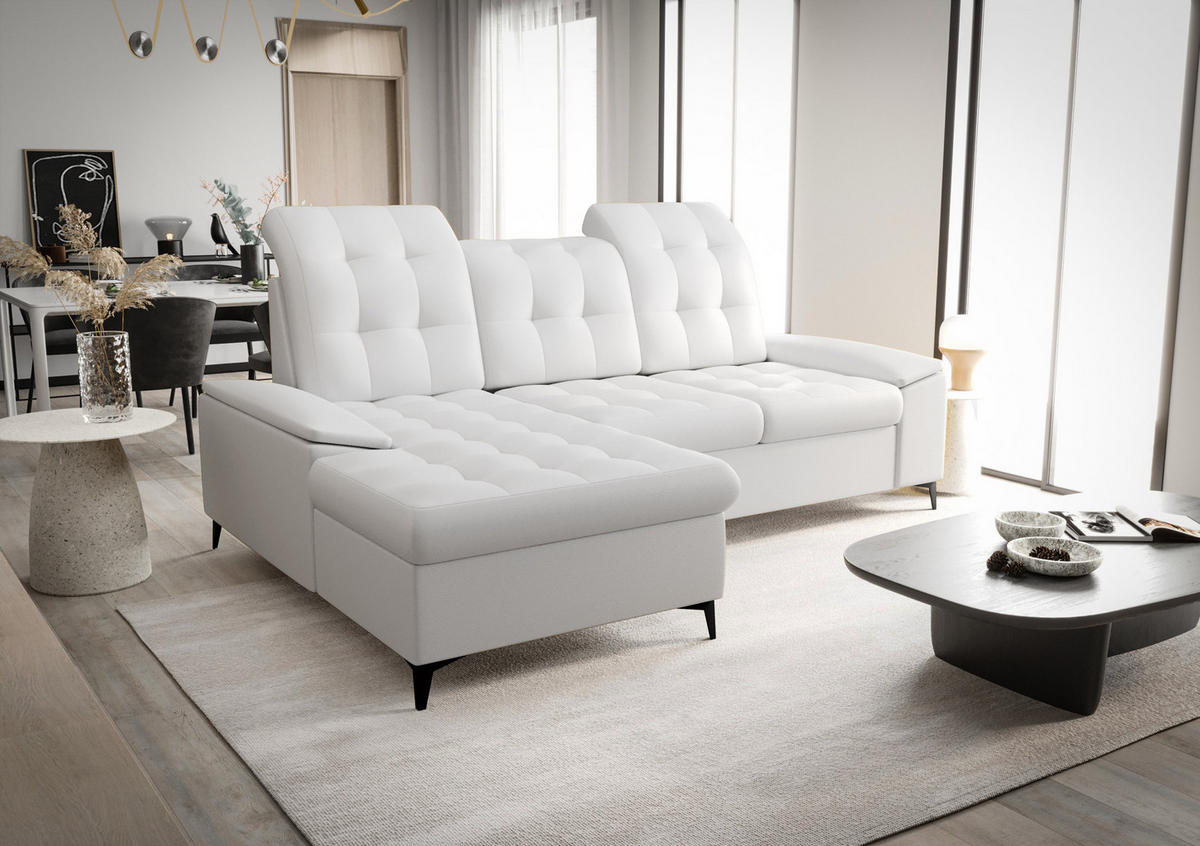 ECKSOFA KONGO RBN18, Eckcouch in L-Form mit Schlaffunktion, Farbe: Weiß, Kunstleder, Ottomane Links - Weiß, Textil (257/172cm) - O-Sofa