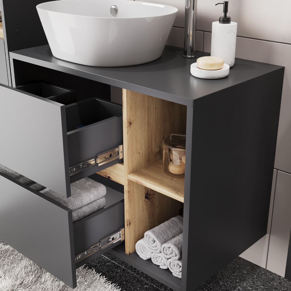 WASCHBECKENUNTERSCHRANK Viola Grau/Artisan 80 x 60 cm mit 2 Schubladen - Eiche Artisan/Grau, Holzwerkstoff (80/60/46cm) - Vicco