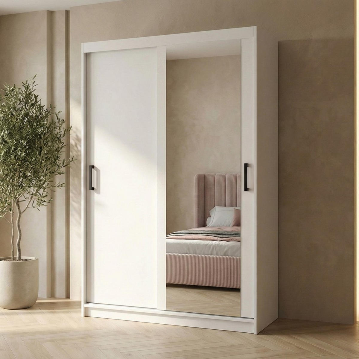 SCHWEBETÜRENSCHRANK Hela 100/205/60 2-türig weiß mit Spiegel - Weiß, Holzwerkstoff (100/205/60cm) - Beautysofa