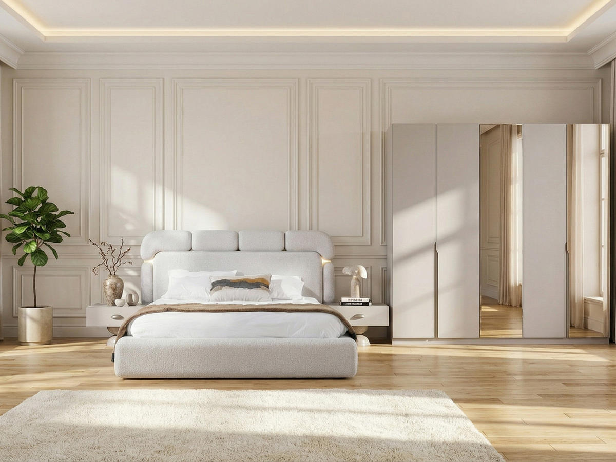 BETTANLAGE AVVA Schlafzimmer-Set, 4-teilig, Weiß, Bett mit Kopfteil, 2 Nachttische und Kleiderschrank - Weiß, Leder/Holzwerkstoff (160/200cm) - Villa Möbel