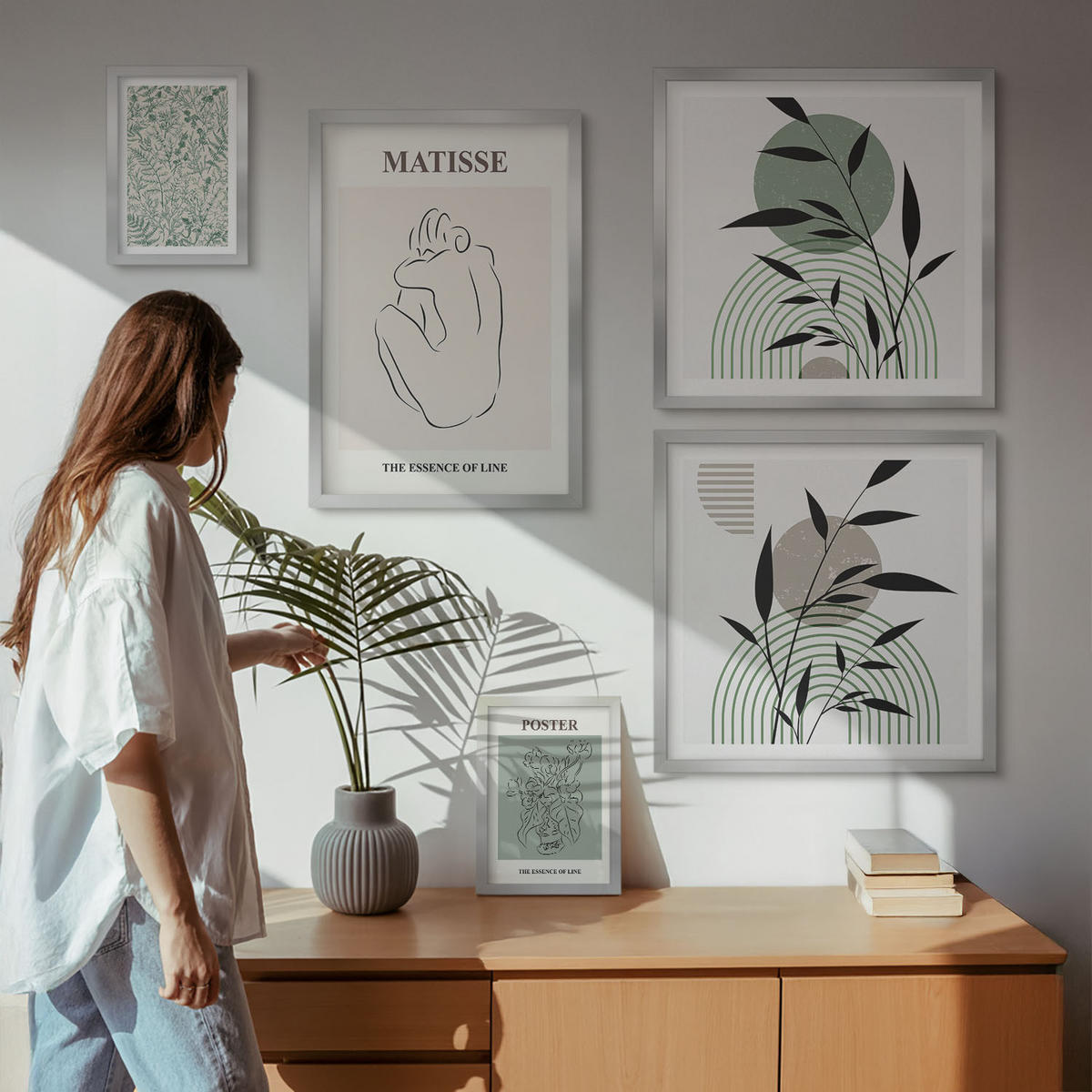 BILDER SET 5er Set - 50x50 cm & 20x30 cm & 40x60 cm Silberner Rahmen - Linien, Pflanzenmuster, Minimalismus - Silberfarben, Kunststoff (40/60cm) - TULUP