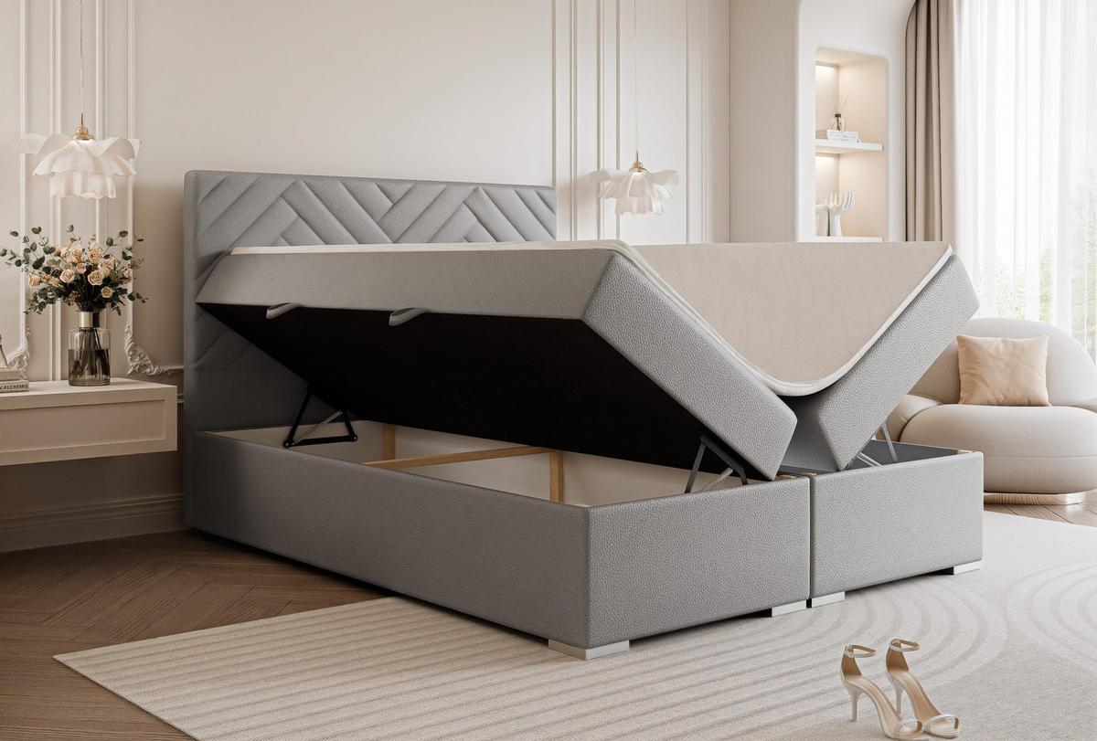 BOXBETT NEREA 200/200 cm mit Matratze und Topper, Grau - Grau, Textil (200/200cm) - Idohome