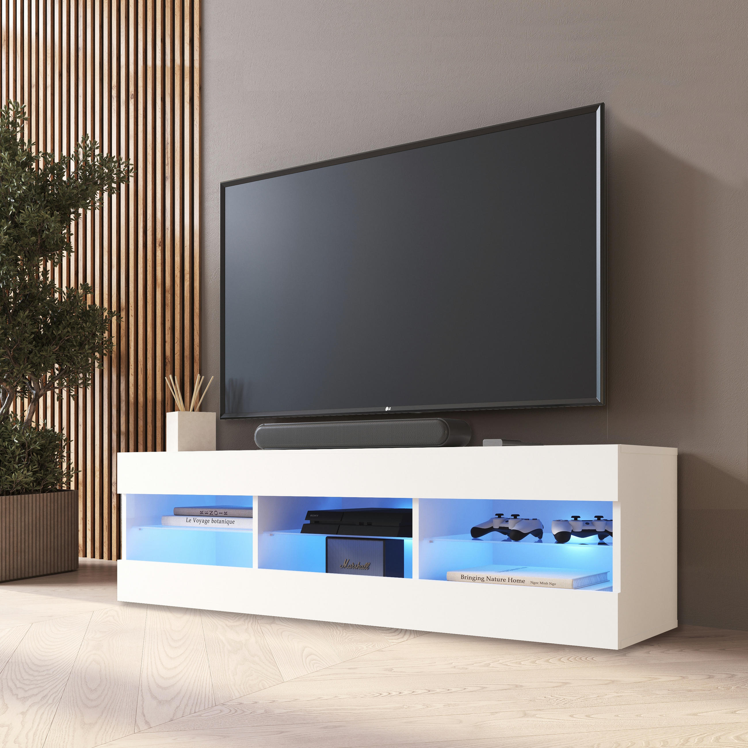 LOWBOARD TIVOLI RTV 140, Weiss, LED Blau - Weiß, Glas/Holzwerkstoff (140/40.5/35.5cm) - Komodee