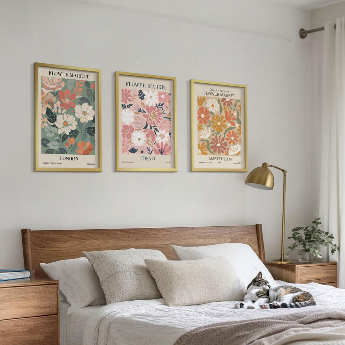 BILDER SET 3er Set - 40x60 cm Goldrahmen - Blumenmuster London Tokio Amsterdam - Goldfarben, Kunststoff (40/60cm) - TULUP
