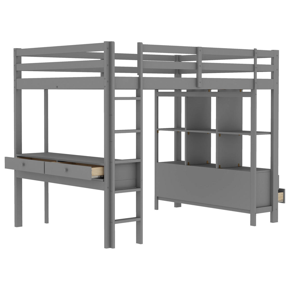HOCHBETT 140/200 cm grau mit Stauraumschubladen und Unterbettschreibtisch - Grau, Holz (140/200cm) - OKWISH