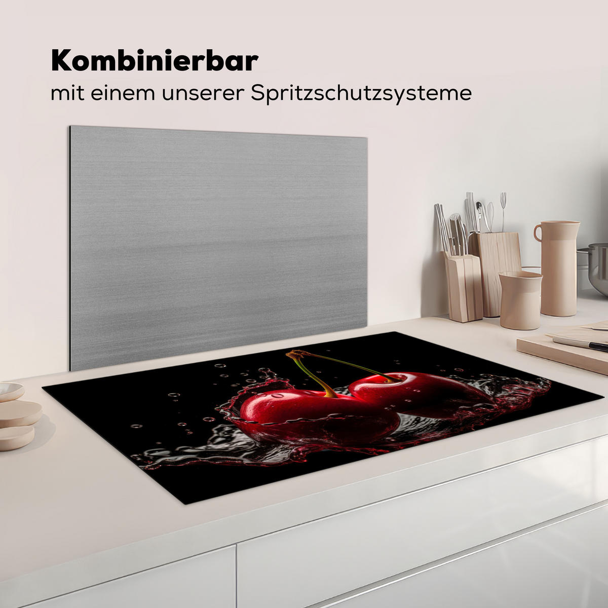 KRYT NA INDUKČNÍ DESKU Třešeň - červená - ovoce - voda - černá 91.2x52 cm - třešňová červená, plast (91.2/52/0.2cm) - MuchoWow