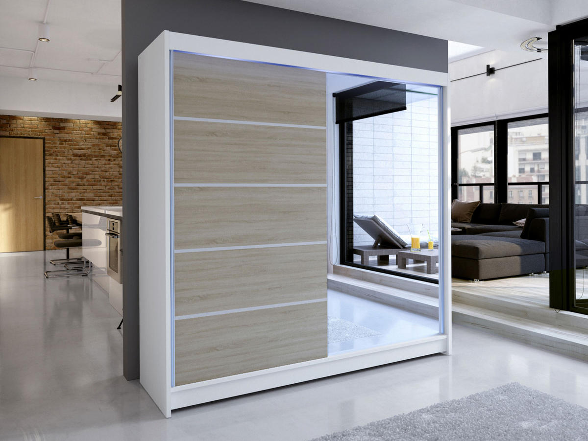 SCHWEBETÜRENSCHRANK Talin III, mit RGB LED Beleuchtung - Beige/Silberfarben, Holzwerkstoff/Metall (180/215/58cm) - MIRJAN24