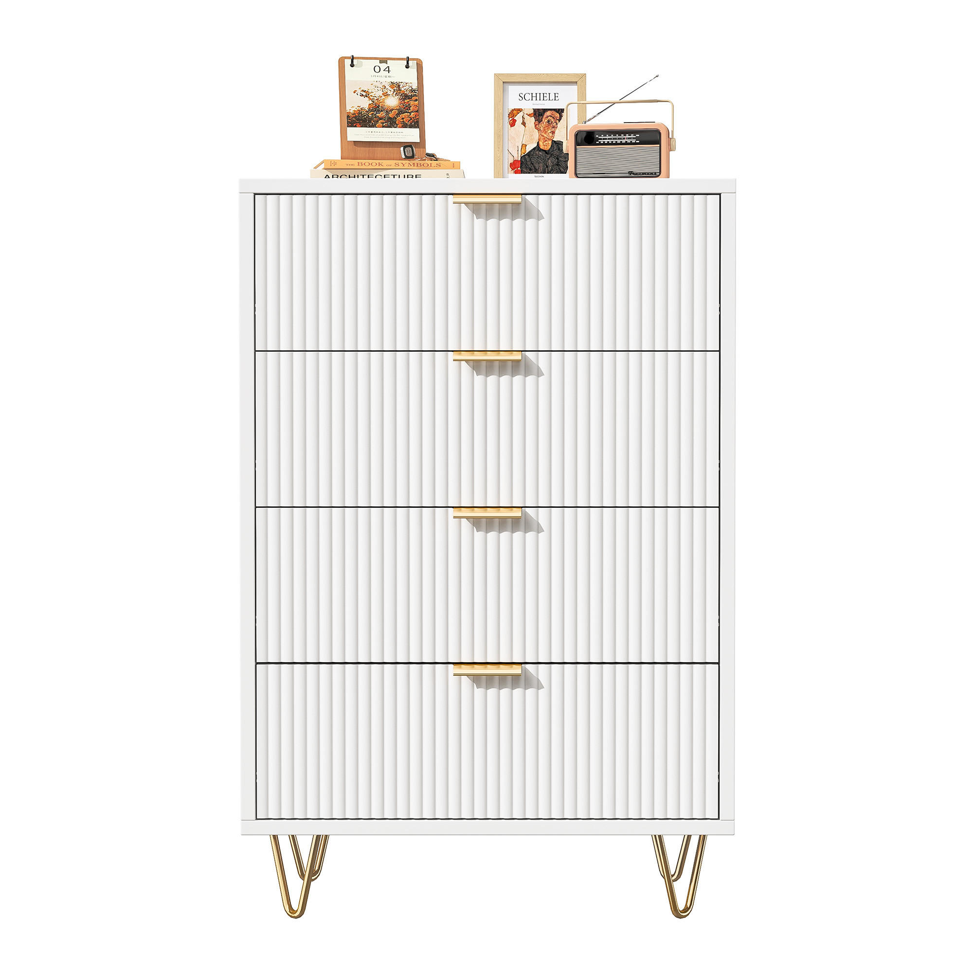 VIT byrå med 4 lådor, vågfront, guldfärgade handtag 91/34/60 cm