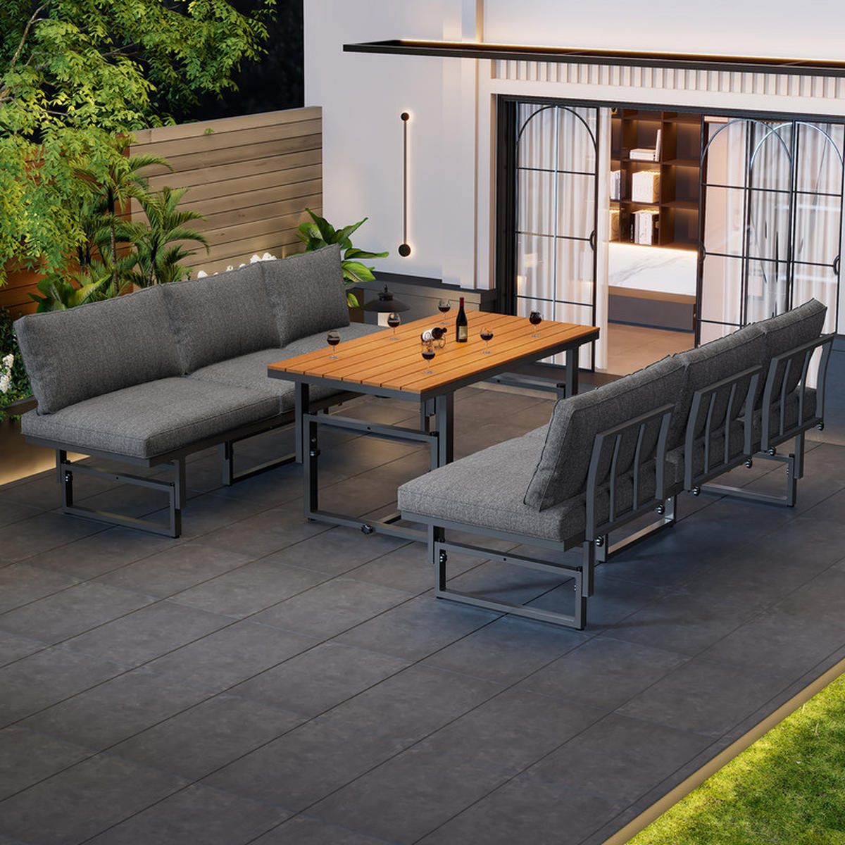 GARTENLOUNGE-SET GRAU 3-teilig mit 2 Sofas Akazienholz verstellbarer Lehne inkl. Kissen - Grau, Textil - BLACKCUP