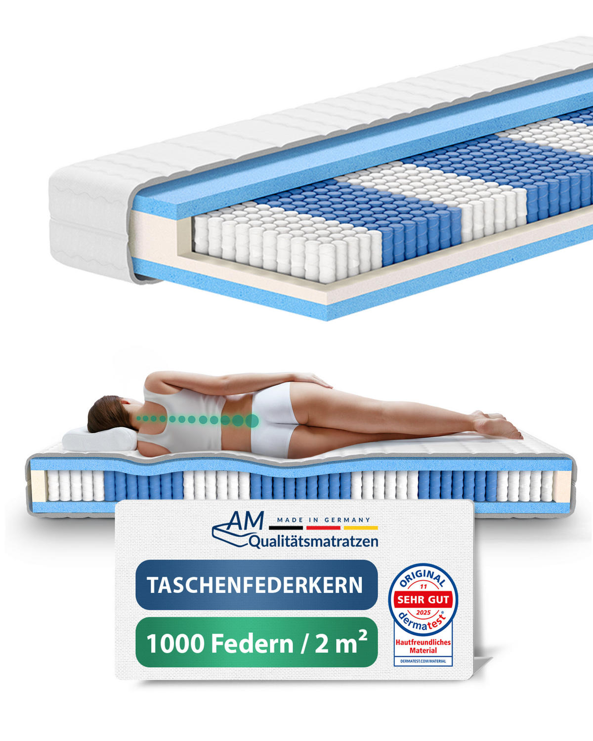 TASCHENFEDERKERNMATRATZE 1000 Federn 140/200 cm H2 - 24cm Höhe & Tencel Bezug - Weiß, Textil (140/200cm) - AM Qualitätsmatratzen